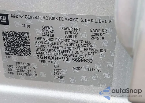 2020 Chevrolet Equinox Fwd Ls z USA, uszkodzony, nr VIN 3GNAXHEV3LS699633